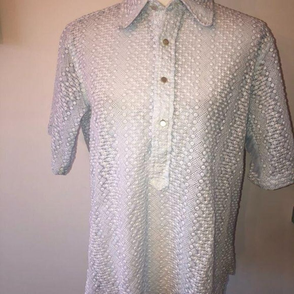 Textured Top Womens Vintage Handmade Light Blue Short Sleeve Button Front - Picture 12 of 12
